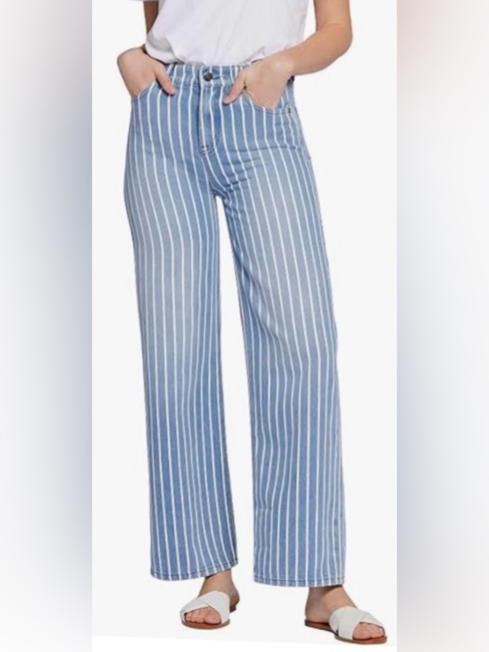 Current/Elliott Women’s The Navigator Wide Leg Pant, High Rise Blue stripped New